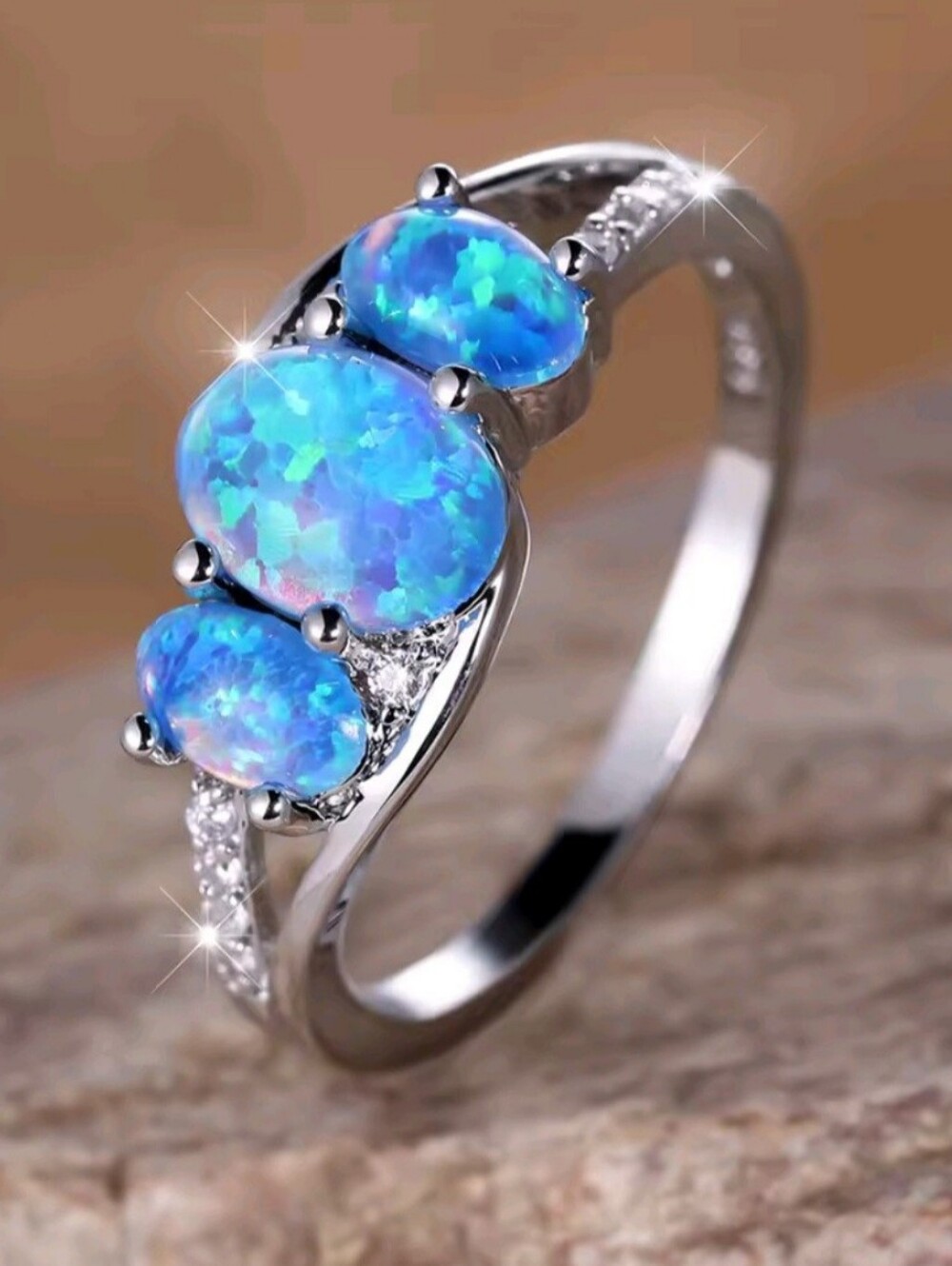 Blue Three Blue Opal Ring With In Opal Three-Stone Ring - Size 7